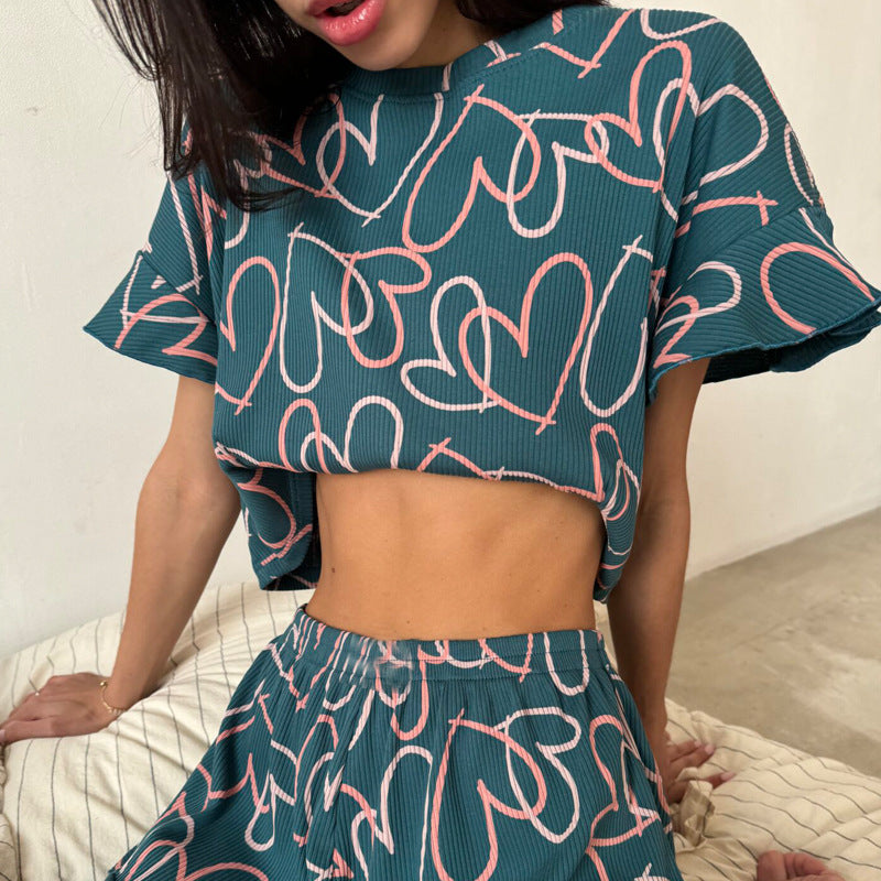 Women's Casual Printing Ruffled Sleeve Round Neck Pajamas Suits
