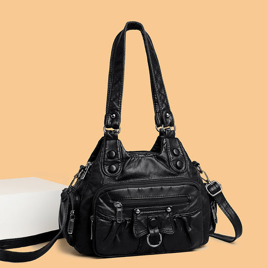 Women's Mom Large Capacity Stitching Washed Leather Shoulder Bags