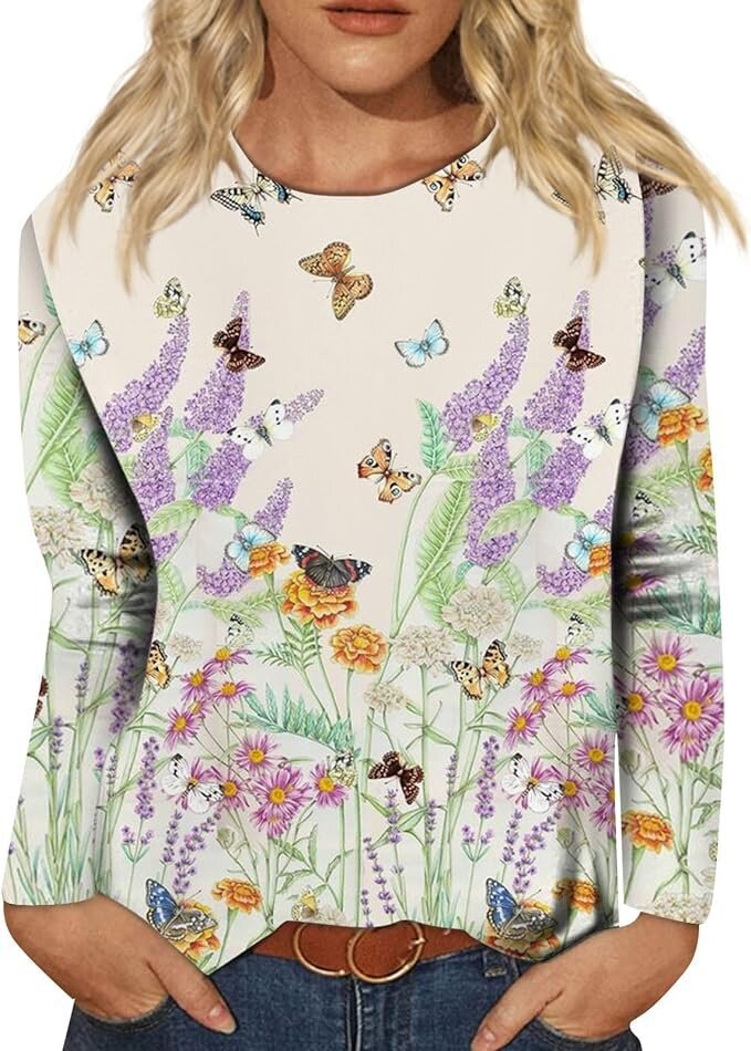 Women's Round Neck Long Sleeve Loose Print Blouses