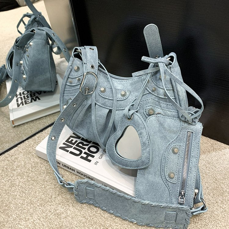Women's Underarm Retro Rivet Motorcycle Pleated Crescent Crossbody Bags