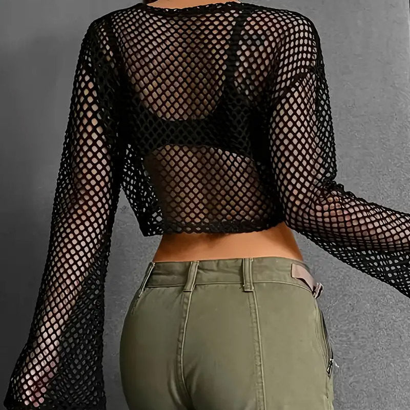 Women's Sports Leisure Mesh Shirt Transparent Fishnet Blouses