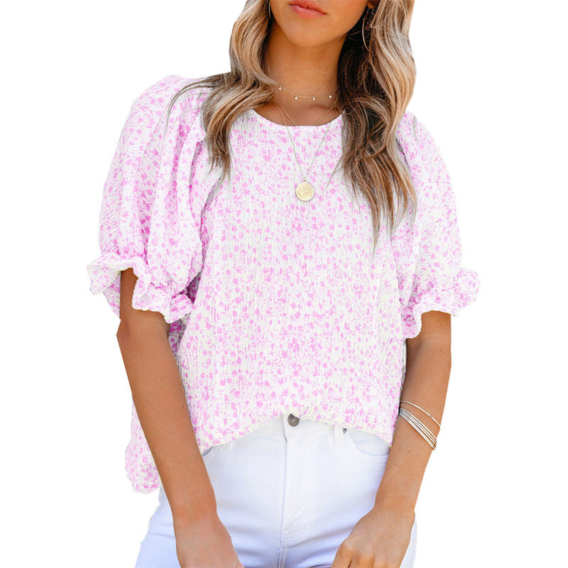 Women's Chiffon Sleeve Round Neck Printed Puff Blouses