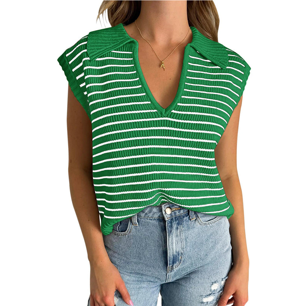 Women's Summer Knitted Casual Striped Lapel Sweaters