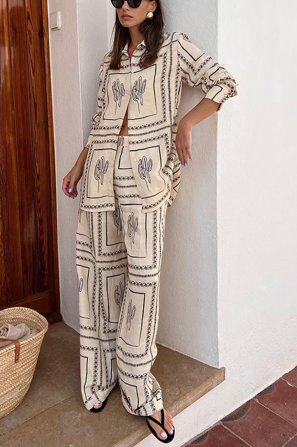 Printed Long-sleeved Shirt Trousers Two-piece Home Suits