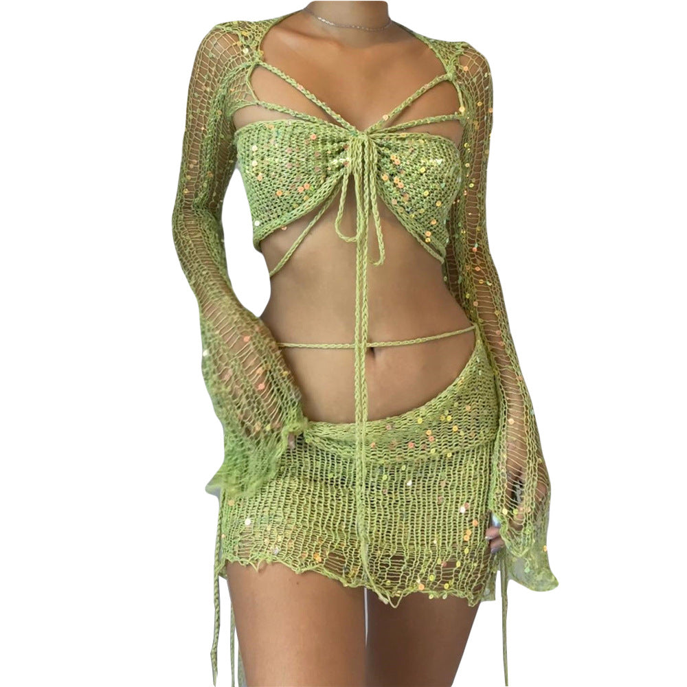 Women's New Popular Sequin Knitted Three-piece Suits