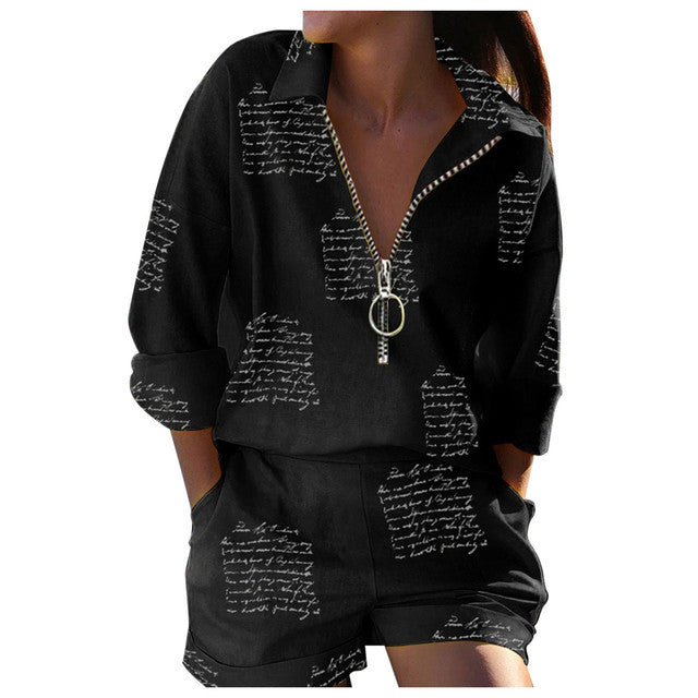 Women's Popular Innovative Printed Zipper Shirt Suits