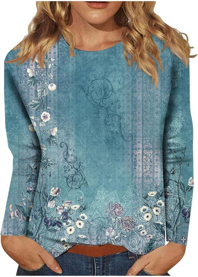Women's Round Neck Long Sleeve Loose Print Blouses