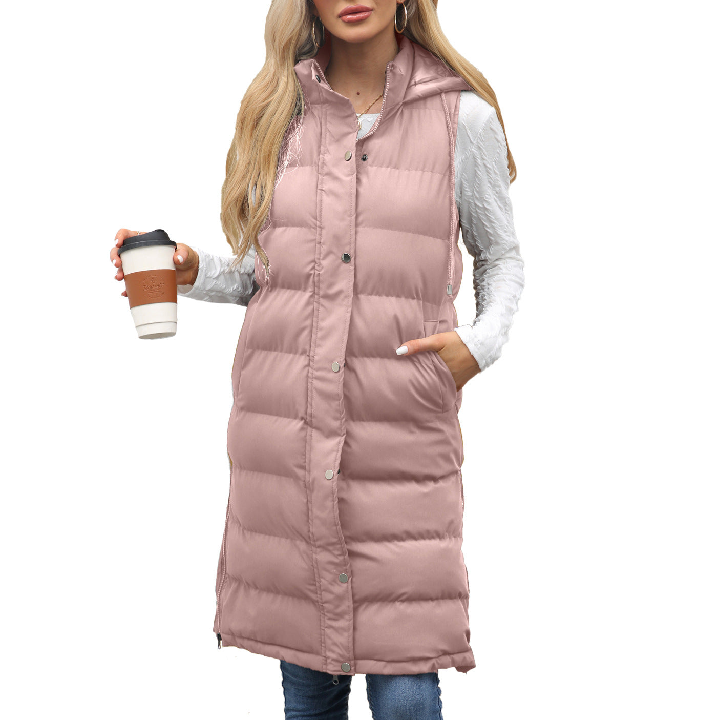 Women's Hooded Sleeveless Long Solid Color Zipper Vests