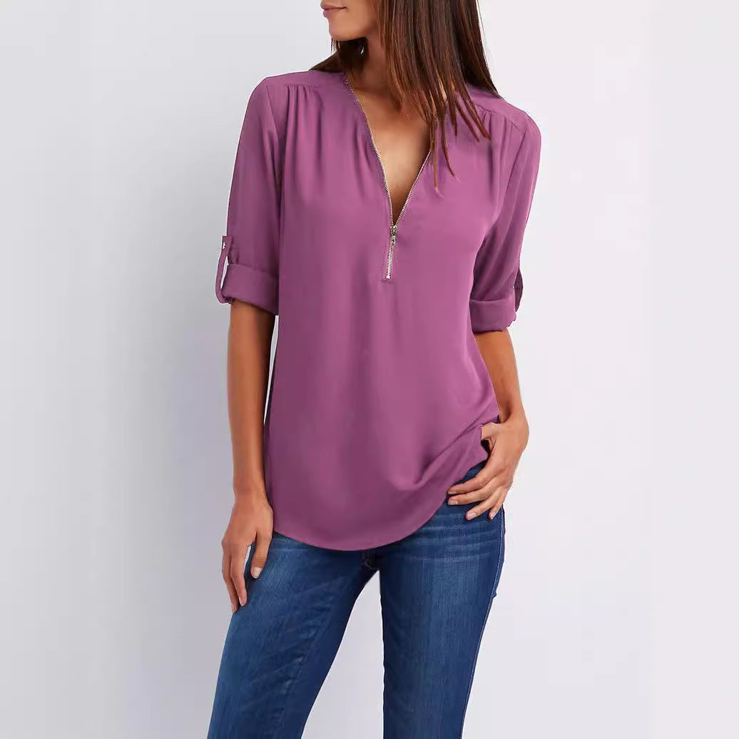 Women's Hosting Label Zipper Rollable Sleeves Chiffon Blouses