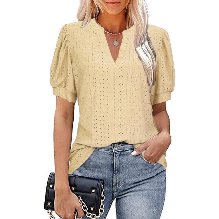 Casual Solid Color Hollow Puff Sleeve Blouses