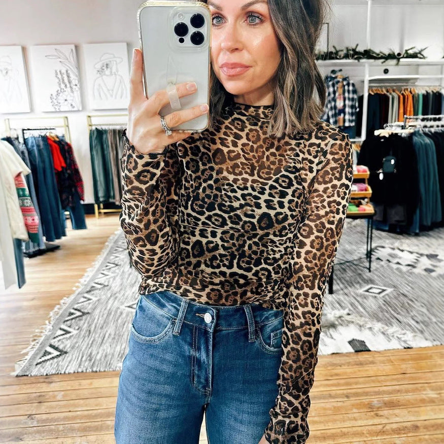 Women's Base Shirt Leopard Print Mesh Printed Blouses