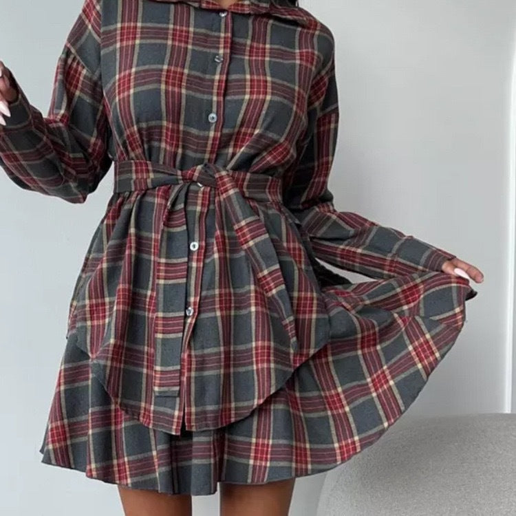 Women's Casual Check Lapel Loose Shirt Pleated Suits