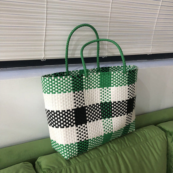 Women's White Plastic Woven Vegetable Basket Pet Shoulder Bags