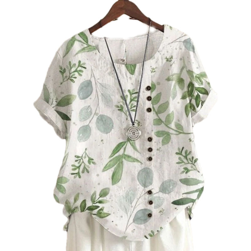Women's Summer Retro Cotton Linen Fashion Printed Loose Blouses