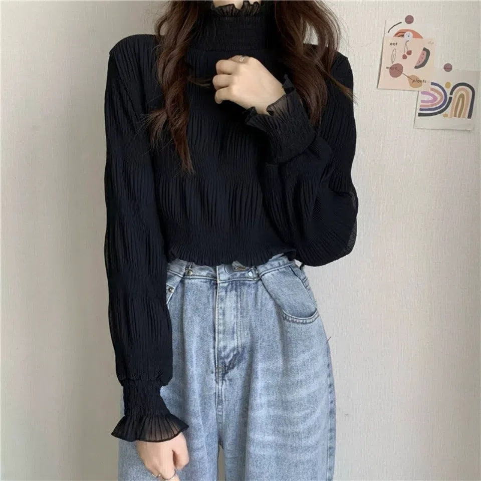 Women's Sleeve Spring Wooden Ear Design Sense Half Turtleneck Blouses