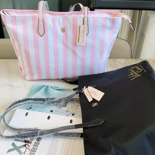 Women's Pink Striped Shopping Portable Leisure Handbags