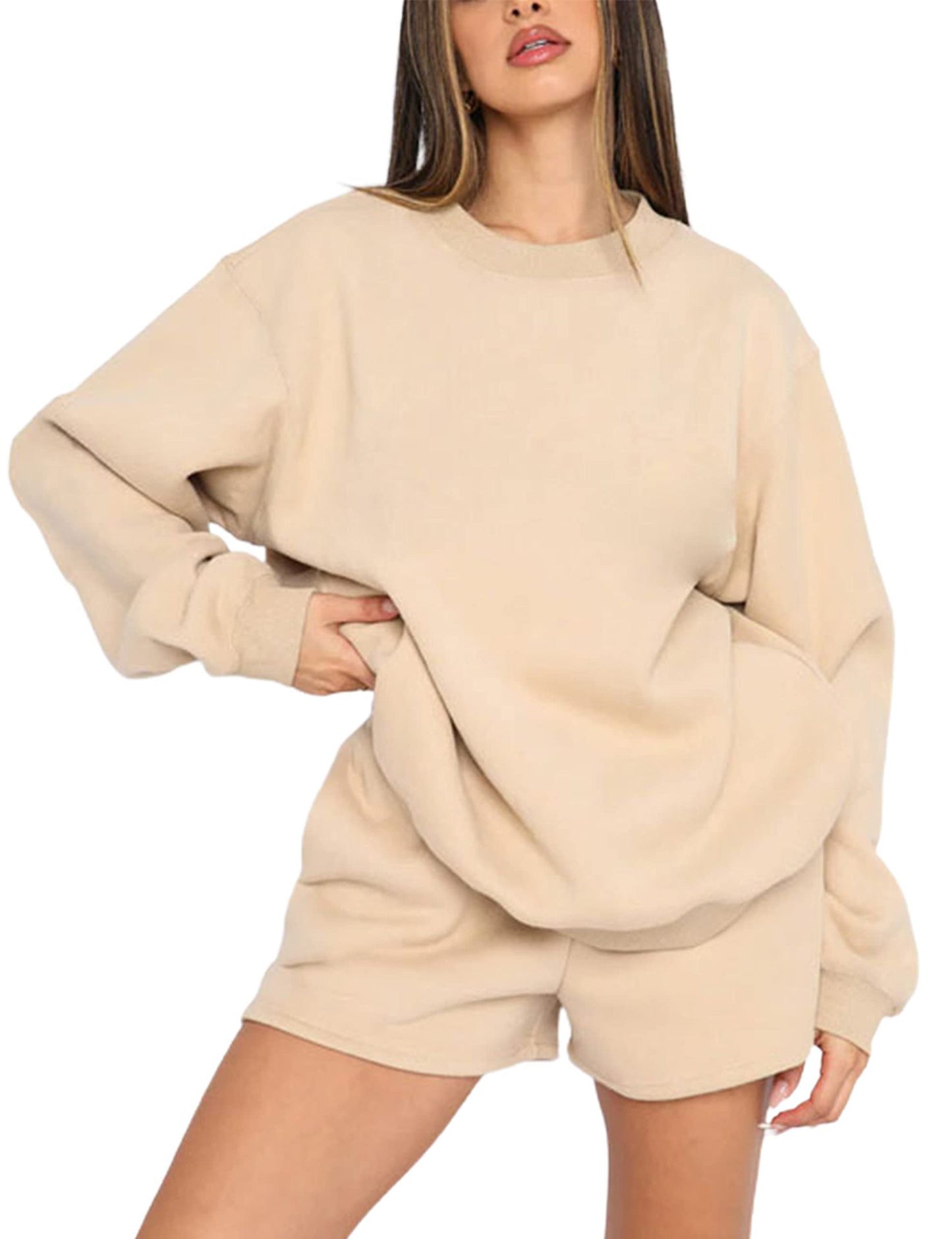 Women's Solid Color Round Neck Pullover Long Shorts