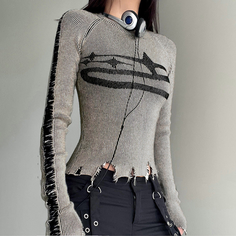 American Retro Contrast Color Broken Patchwork Round Neck Woolen Sweaters