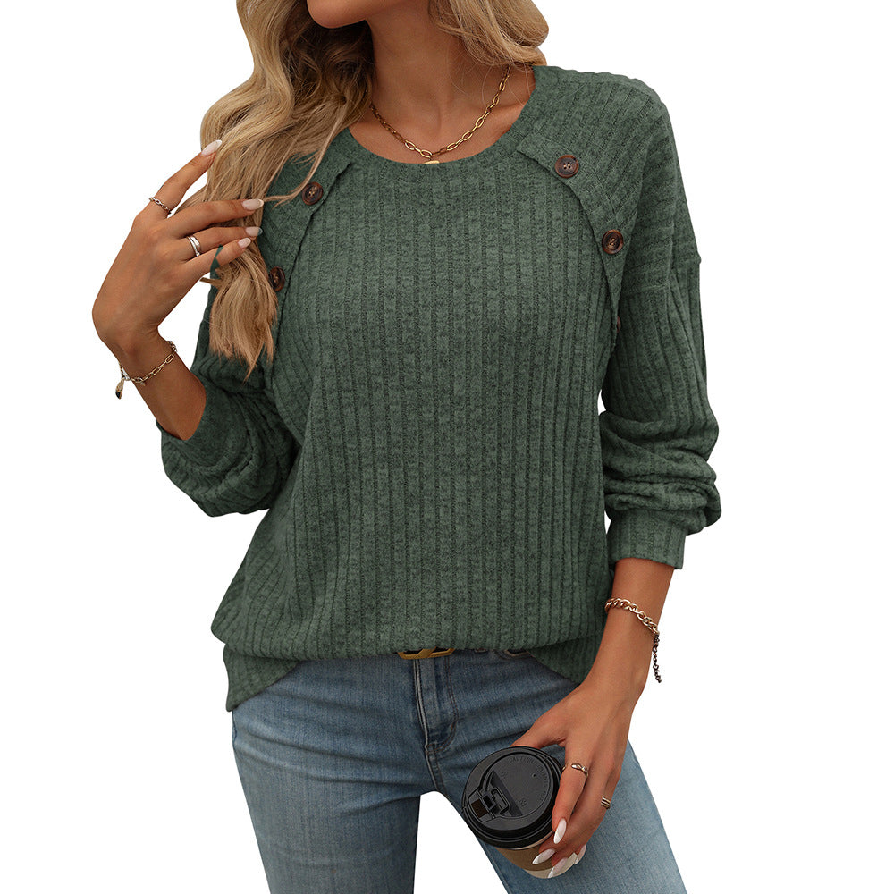 Women's Brushed Solid Color Long Sleeve Button Tops