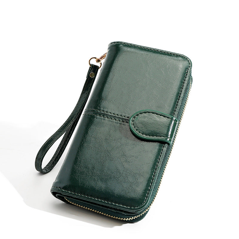 Women's Zipper Oil Wax Leather Mobile Clutch Ladies Wallet