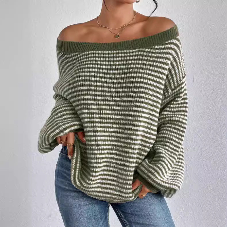 Women's Contrast Color Striped Lantern Sleeve Sweaters