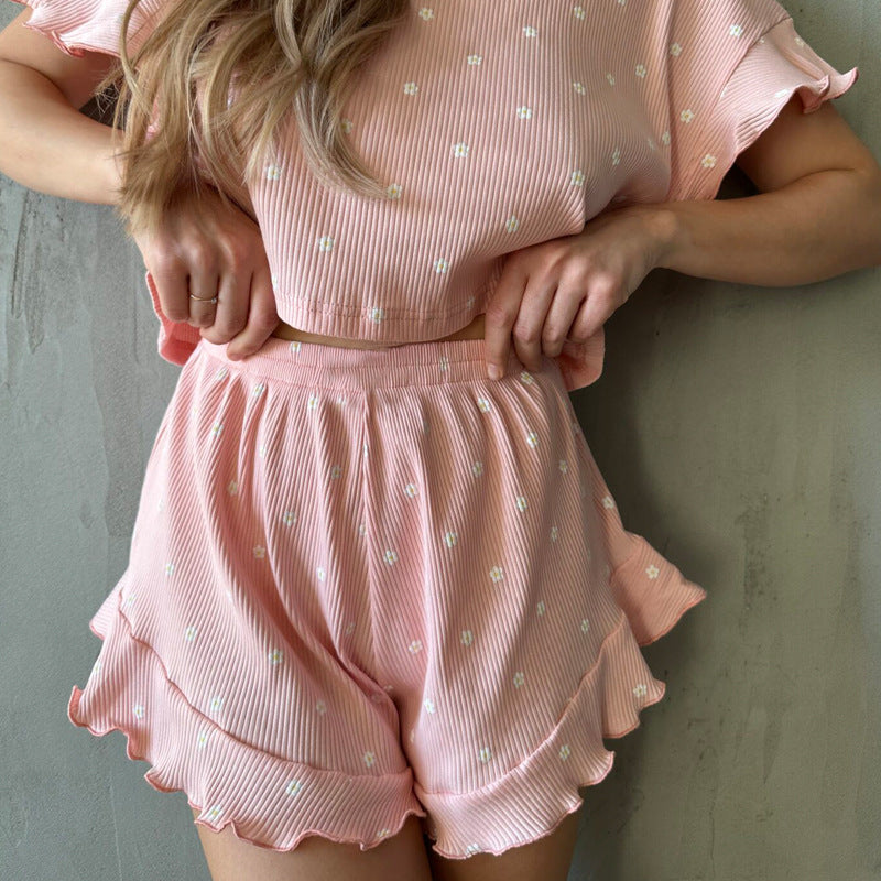 Women's Casual Printing Ruffled Sleeve Round Neck Pajamas Suits