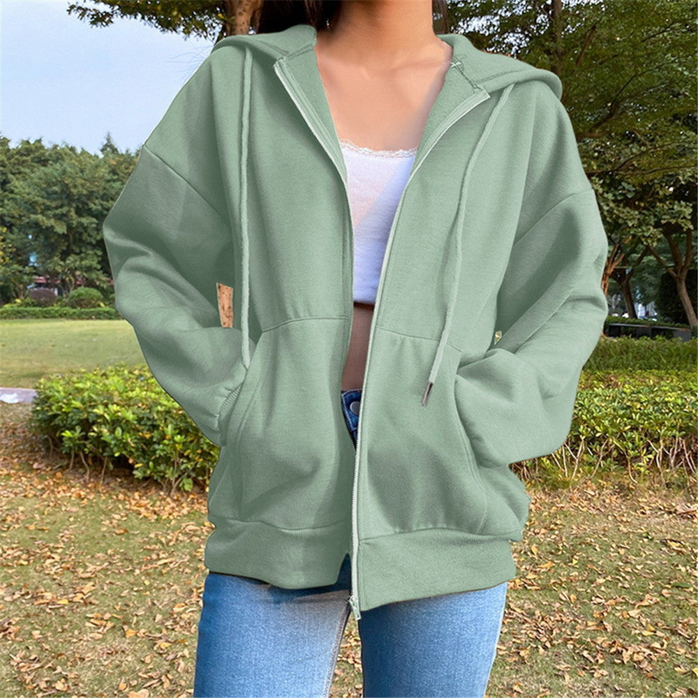Women's Solid Color Hooded Fleece-lined Long-sleeved Loose Sweaters