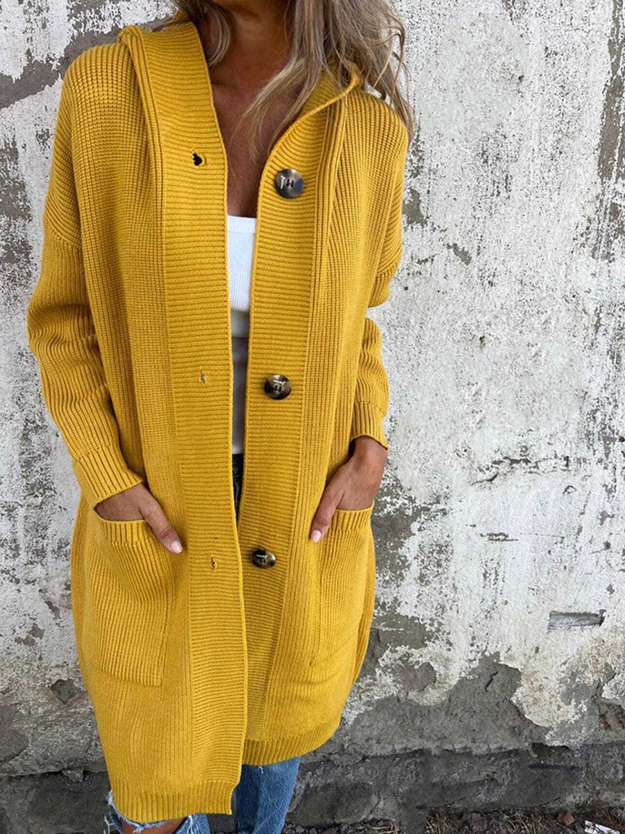 Women's Long Hooded Knitted With Pocket Buttons Sweaters