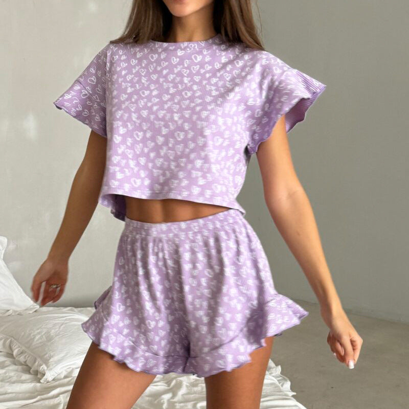 Women's Casual Printing Ruffled Sleeve Round Neck Pajamas Suits