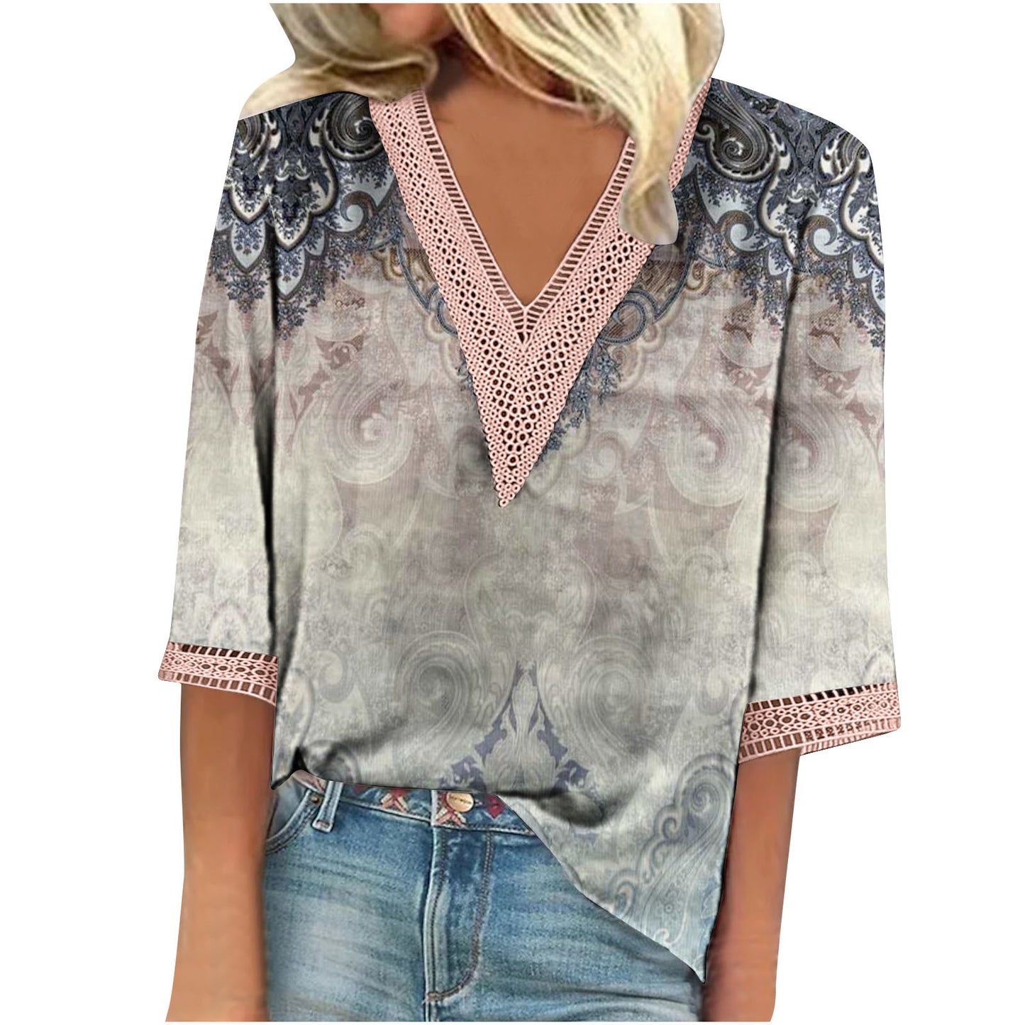 Women's Summer Printed Lace Stitching Sleeve T-shirt Blouses