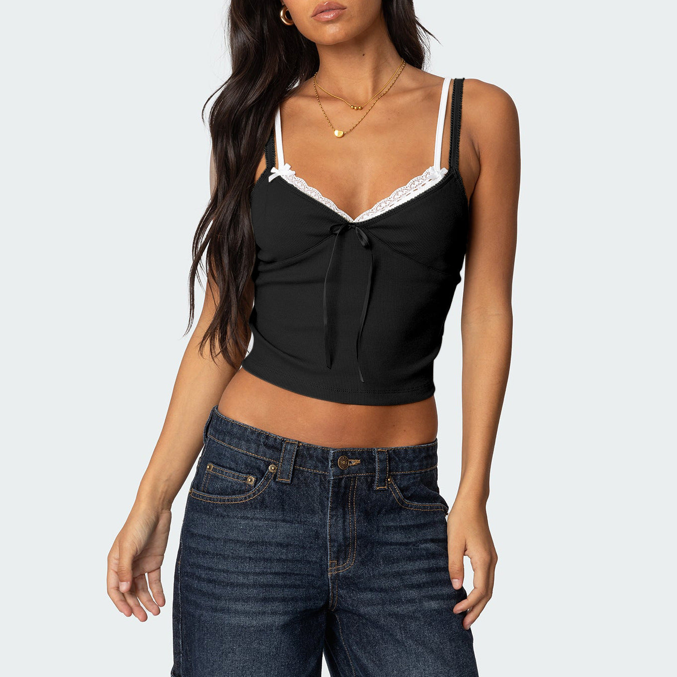 Stitching Low-cut Contrast Color Double Joint Tops