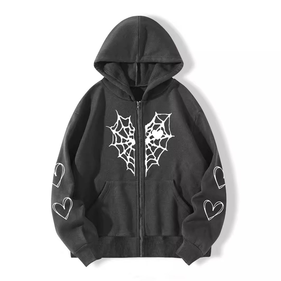 Spider Web Heart Printing Zipper Warm Sweaters