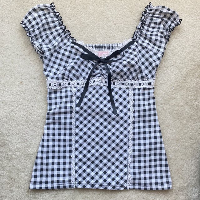 Fashionable Plaid Lace Ribbon Knitted Bow Slim Blouses