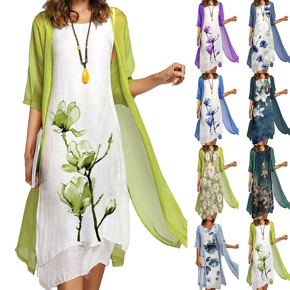 Women's Print Round Neck Slim Fit Casual Dresses