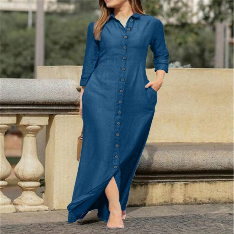 Women's Unisex Style Long Sleeve Lapel Solid Color Dresses
