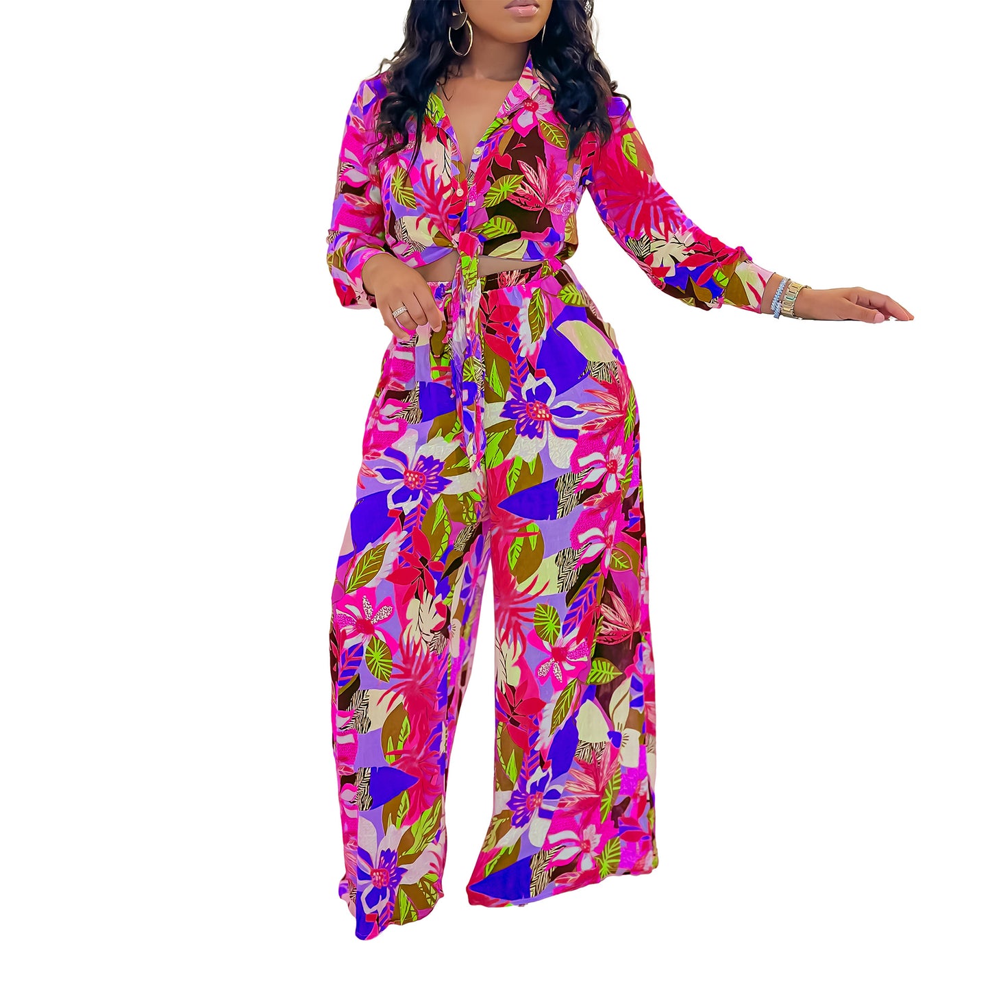 Women's Fashion Printed Two-piece Lapel Bandage Shirt Suits