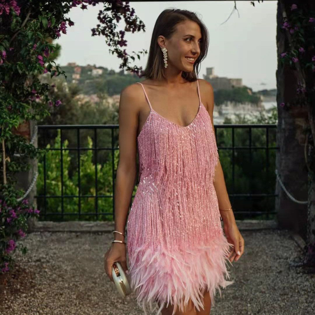 Sequins Multicolor Birthday Party Sexy Strap Feather Stitching Dresses