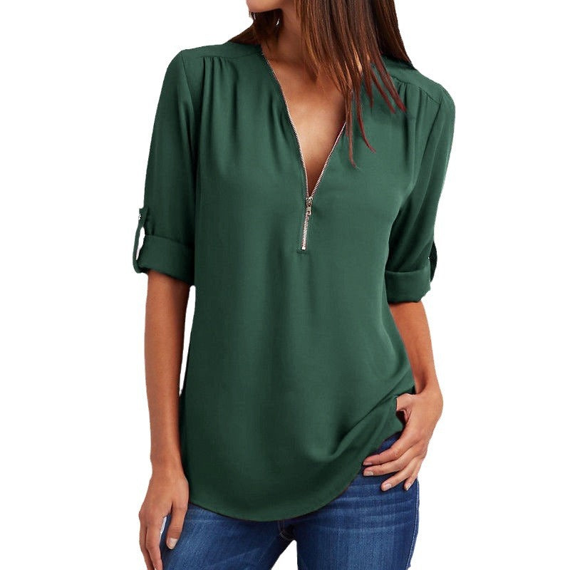 Women's Hosting Label Zipper Rollable Sleeves Chiffon Blouses
