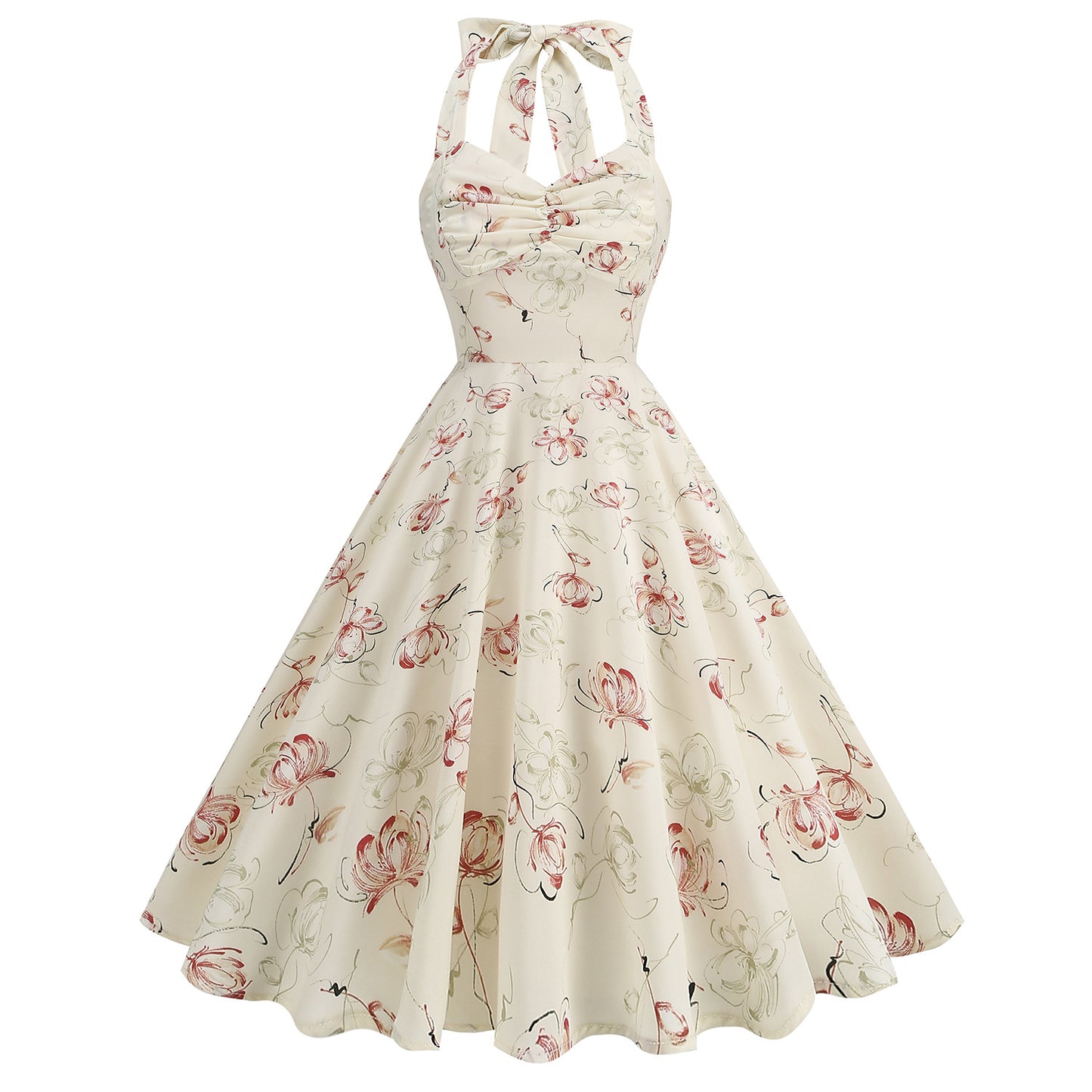 Women's Hepburn Style Abstract Rose Print Backless Dresses