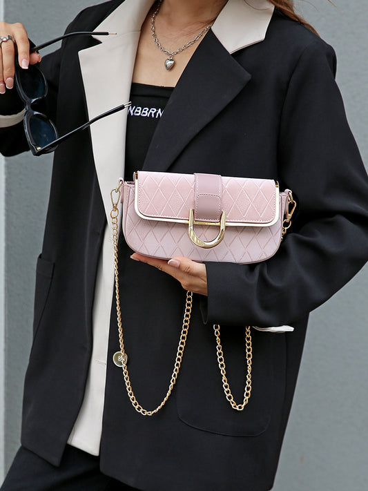 Women's Popular Pink Rhombus Chain Baguette Underarm Simple Crossbody Bags
