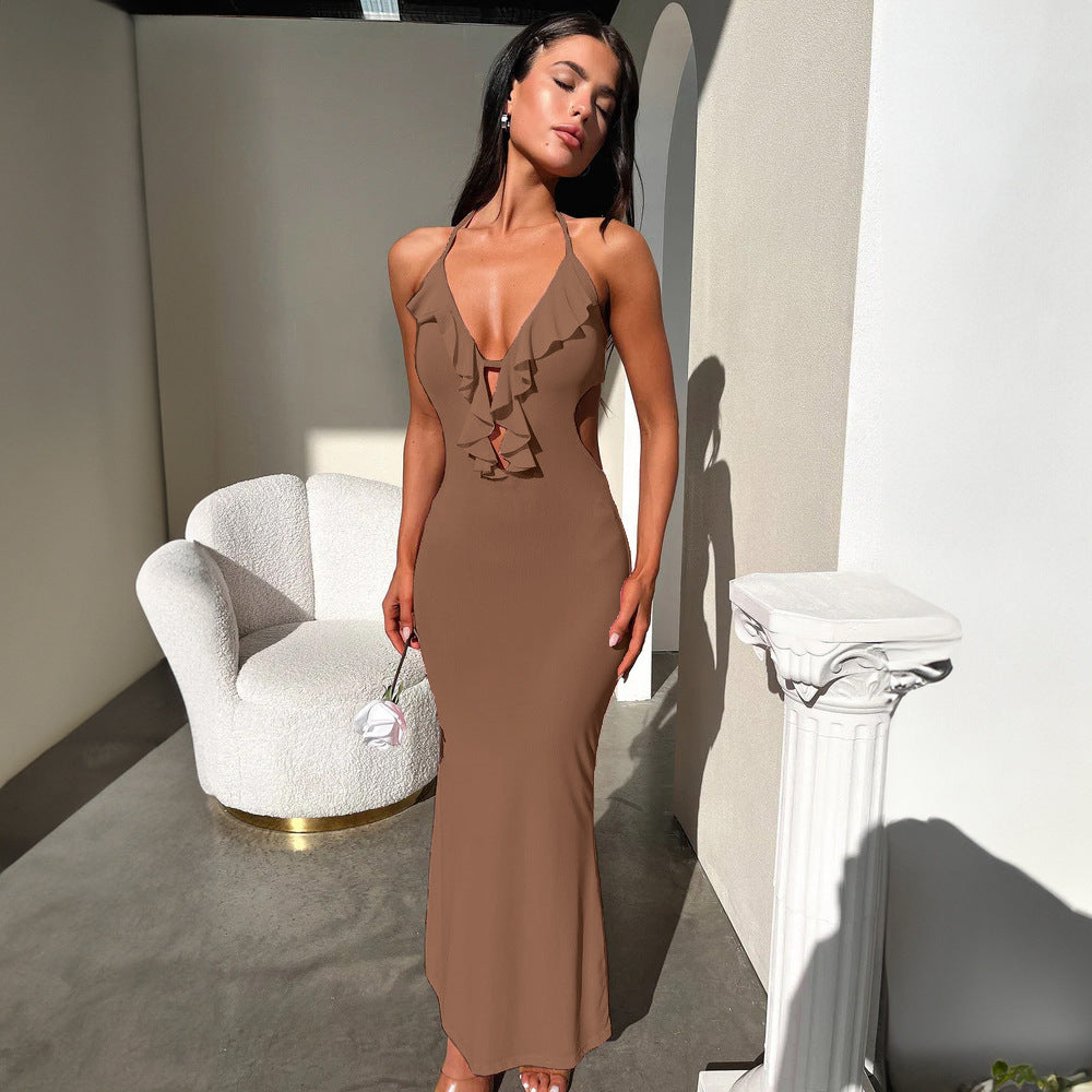 Women's Sexy Hot Close-fitting Pure Color Halter Dresses