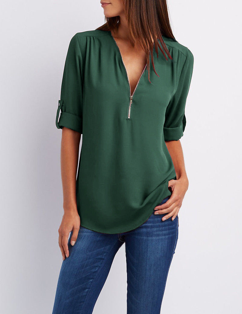 Women's Hosting Label Zipper Rollable Sleeves Chiffon Blouses