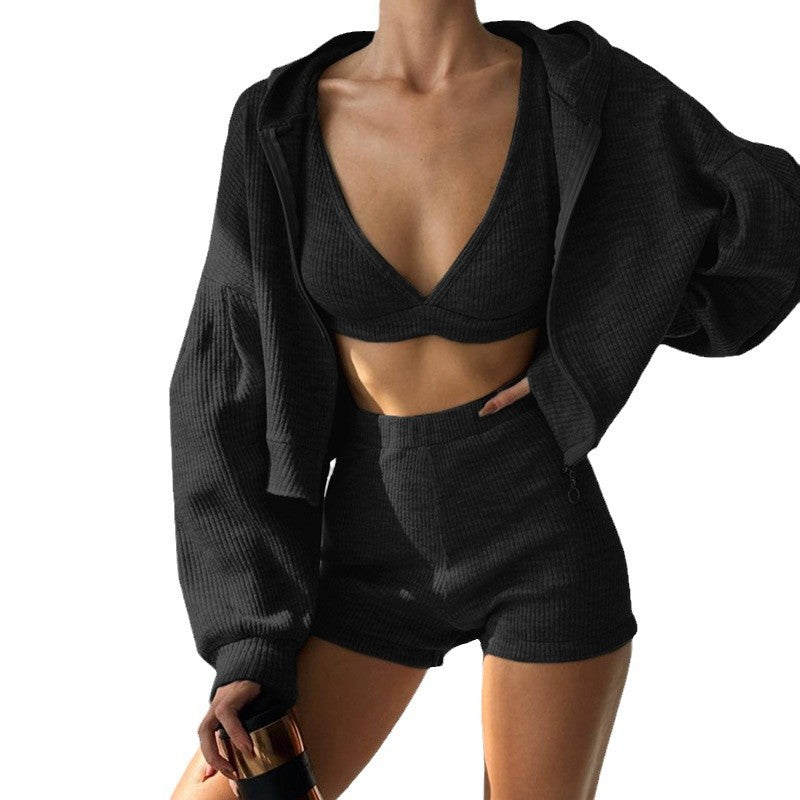 Solid Color Knitted Zipper Hooded Triangle Suits