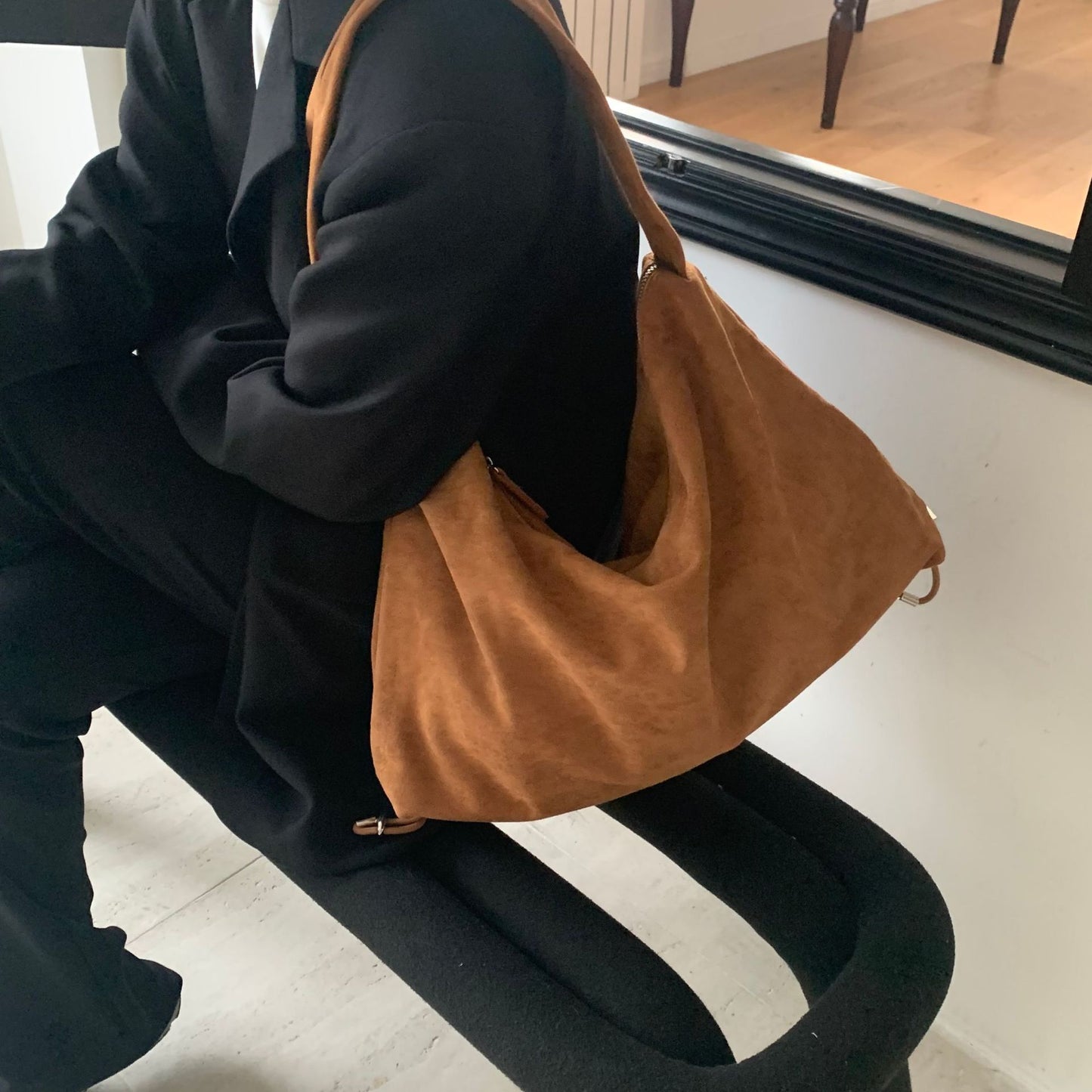 Women's Large Capacity Veet Drawstring Shopping Underarm Shoulder Bags