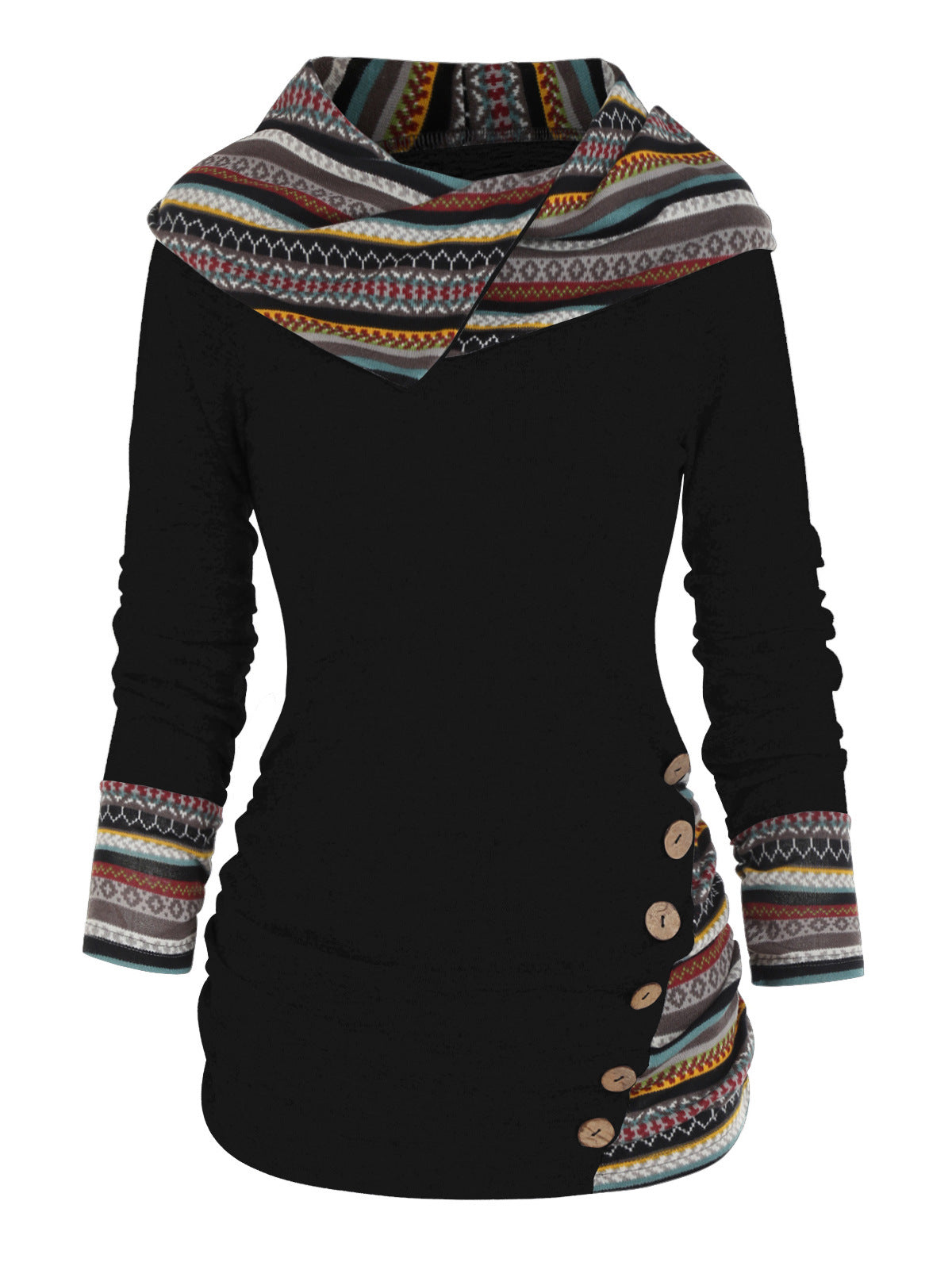 Women's Stitching Hooded Knitted Long Sleeve Button Casual Sweaters