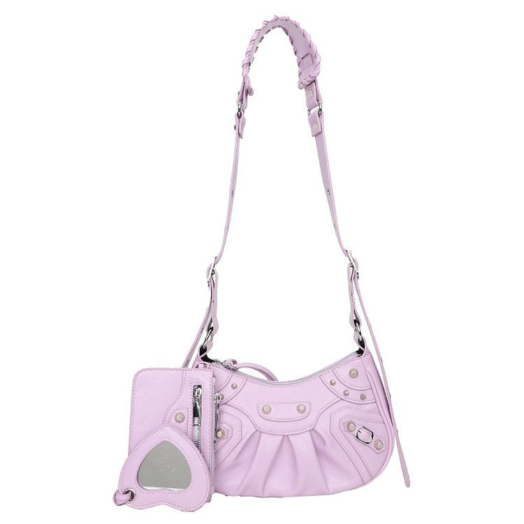 Women's Underarm Retro Rivet Motorcycle Pleated Crescent Crossbody Bags