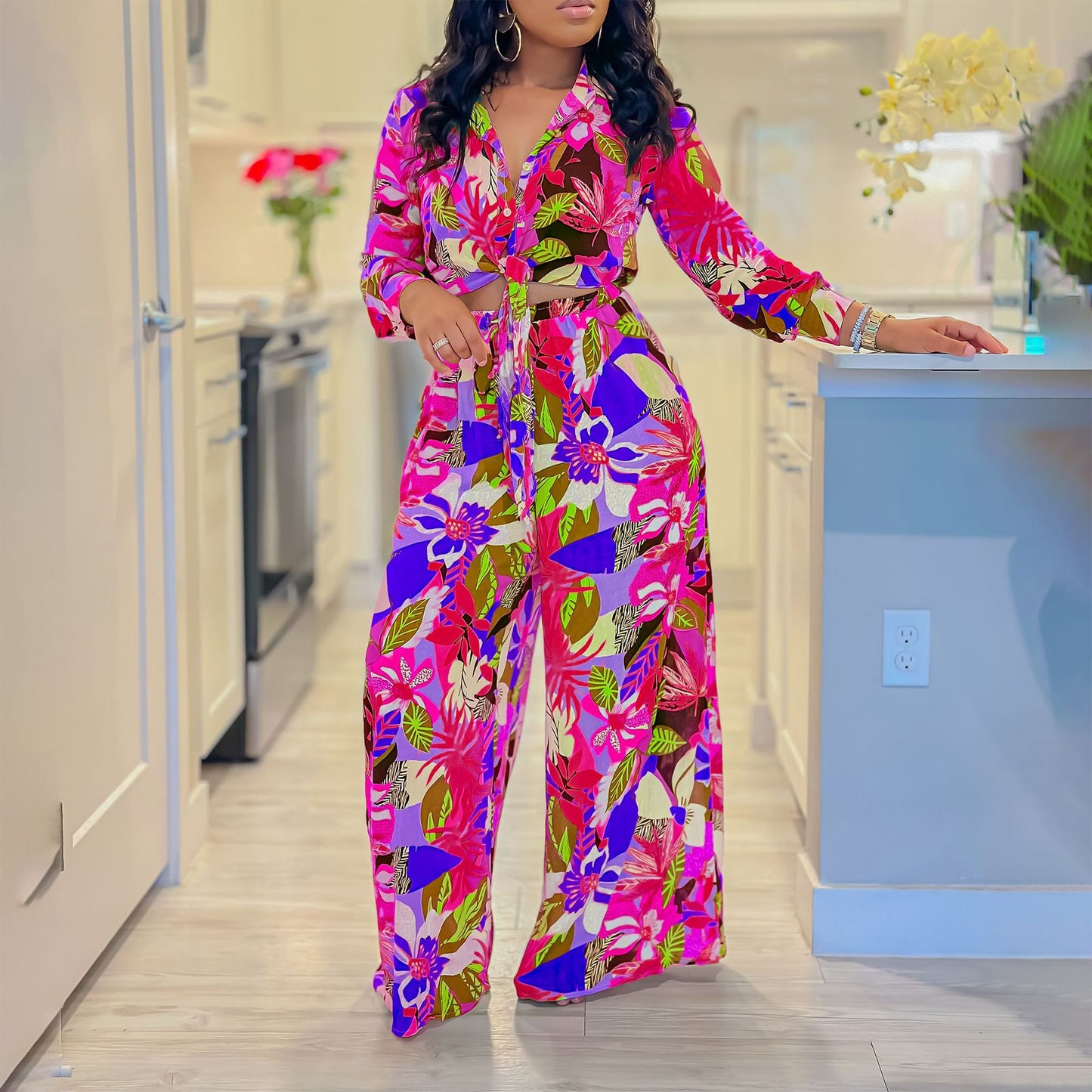 Women's Fashion Printed Two-piece Lapel Bandage Shirt Suits