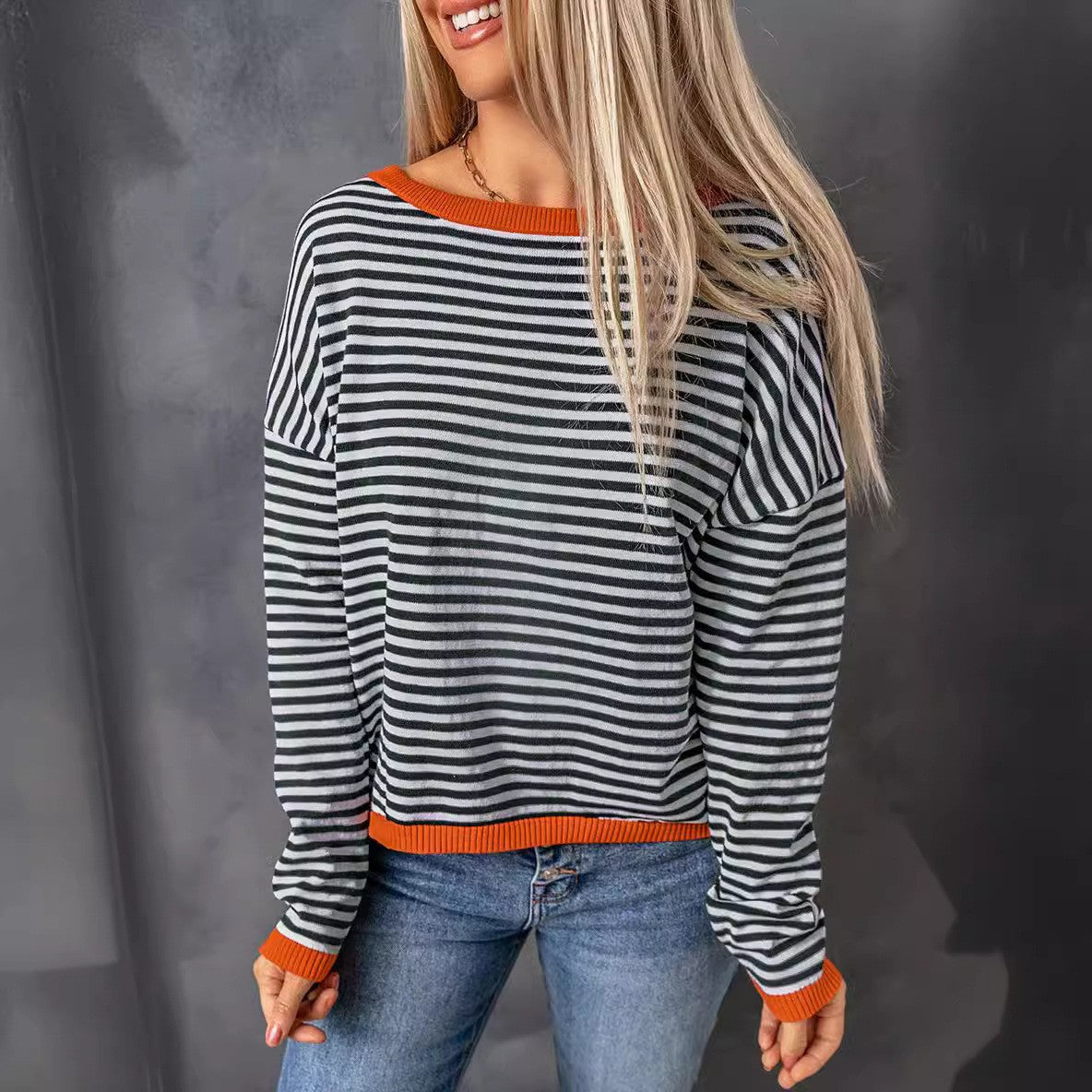 Women's Round Neck Striped Contrast Color Long Sweaters