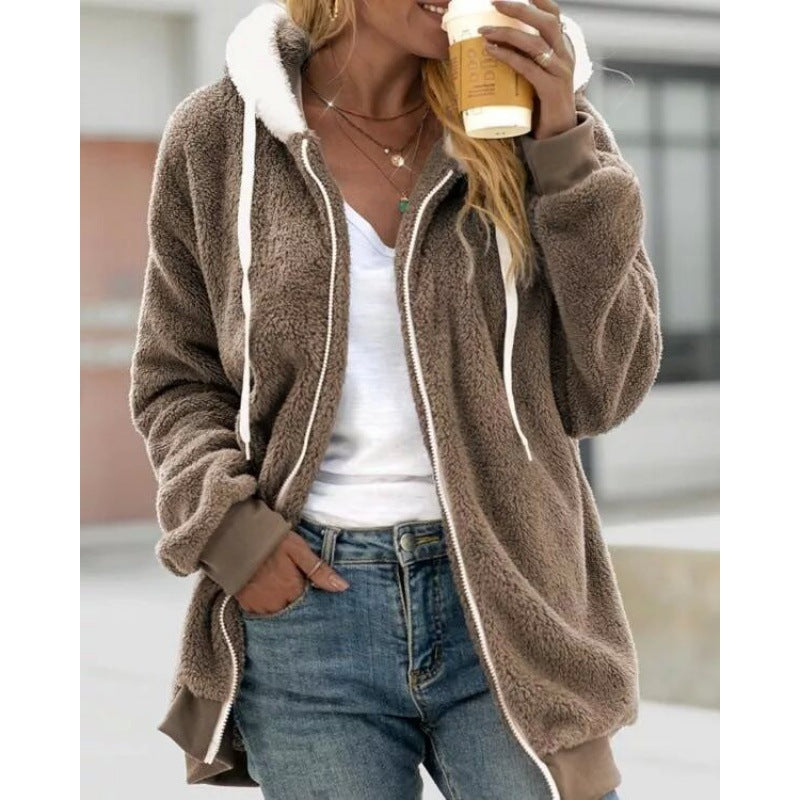 Women's Loose Plush Zipper Hooded For Sweaters