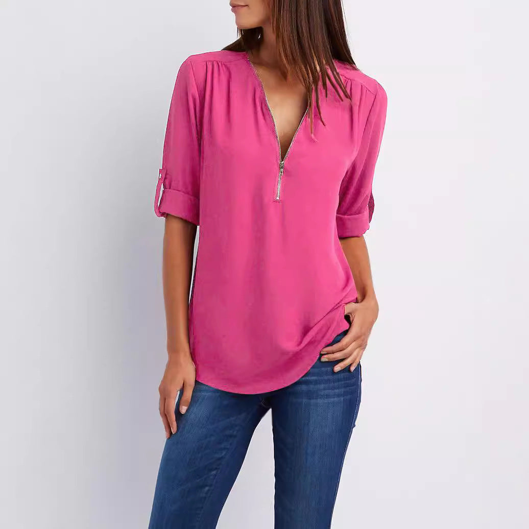 Women's Hosting Label Zipper Rollable Sleeves Chiffon Blouses